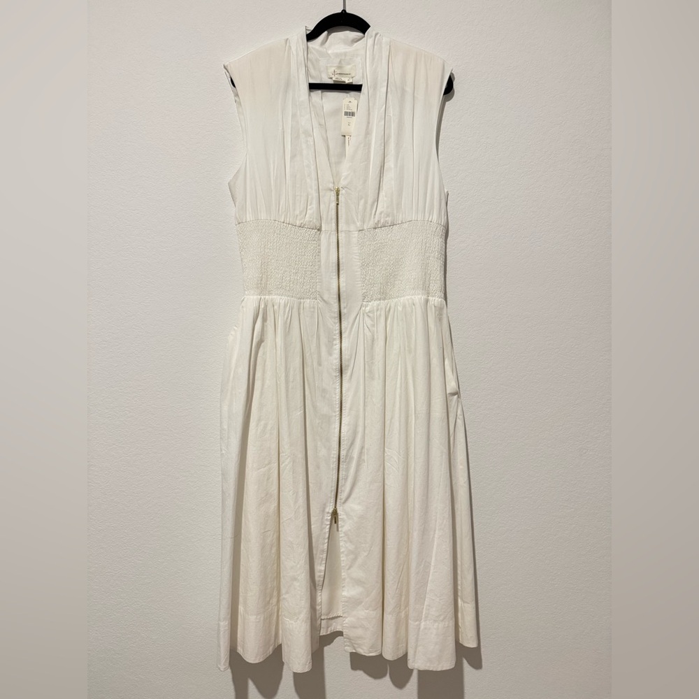 Anthropologie The Tommie Cap Sleeve Smocked Front Zip Shirt Dress in White - Picture 3 of 14